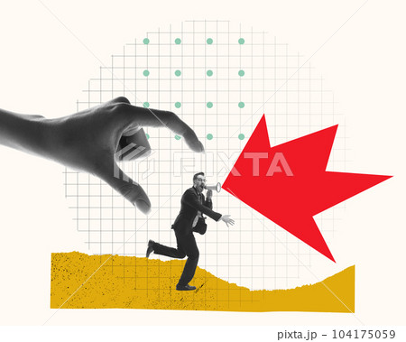 Businessman running and emotionally shouting in megaphone, Professional news and changes. Contemporary art collage. Businessman running and emotionally shouting in megaphone, Professional news and changes. Contemporary art collage. 104175059
