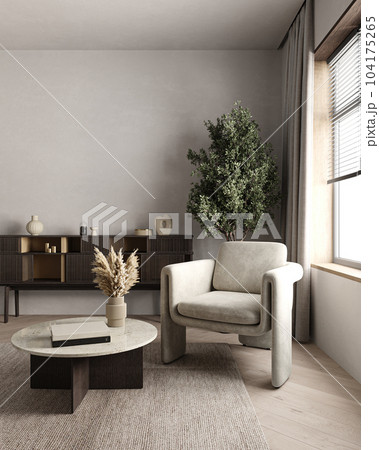 Luxury living room with gray wall and lounge furniture - taupe chairs. Empty space for art or picture. Rich interior design. Mockup of room or hall. 3d rendering. High quality 3d illustration Luxury living room with gray wall and lounge furniture - taupe chairs. Empty space for art or picture. Rich interior design. Mockup of room or hall. 3d rendering. High quality 3d illustration 104175265
