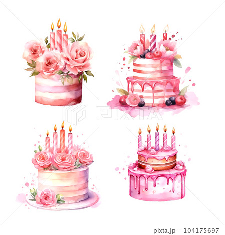 Colorful pink birthday cake watercolor in vintage style on white background. Hand drawn vector poster. Wedding invitation poster. 104175697