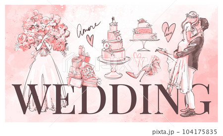 Wedding banner, bride and groom in love kiss, multi-tiered cake, gifts, accessories, love card. Modern sketch graphic design and pink watercolor, vintage style. Vector hand drawn illustration. 104175835