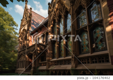 neogothic exterior with intricate woodwork and stained glass windows, created with generative ai neogothic exterior with intricate woodwork and stained glass windows, created with generative ai 104176402