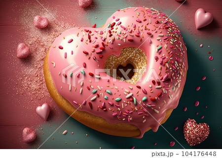 heart-shaped donut in the form of a valentine, with pink icing and sprinkles, created with generative ai 104176448