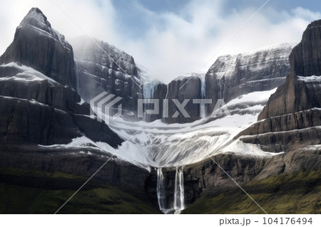 snow-capped mountain range, with a waterfall cascading down the face of the peaks, created with generative ai snow-capped mountain range, with a waterfall cascading down the face of the peaks, created with generative ai 104176494