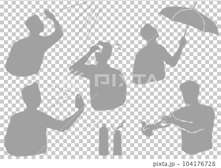Illustration set of a man taking measures against sunburn Gray 104176728