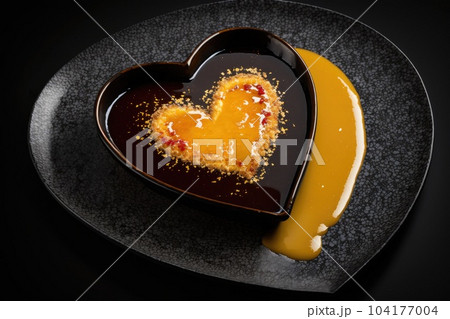 heart-shaped crꣃ洀攀 戀爀쌀»l꧃攀 眀椀琀栀 愀 挀甀猀琀愀爀搀 栀攀愀爀琀 愀渀搀 挀愀爀愀洀攀氀椀稀攀搀 猀甀最愀爀 琀漀瀀瀀椀渀最 漀渀 戀氀愀挀欀 瀀氀愀琀攀Ⰰ 挀爀攀愀琀攀搀 眀椀琀栀 最攀渀攀爀愀琀椀瘀攀 愀椀� 104177004