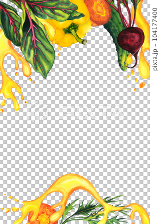 Watercolor vertical banner with carrot, beetroot, bell paper, cucumber, vegetables with place for text and splashes. Hand drawn illustration isolated on white. greeting card template Watercolor vertical banner with carrot, beetroot, bell paper, cucumber, vegetables with place for text and splashes. Hand drawn illustration isolated on white. greeting card template 104177400
