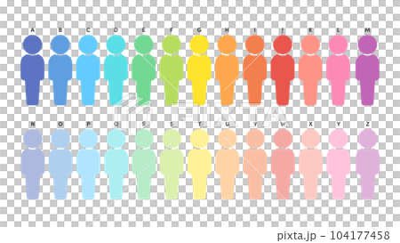 A set of 26 colorful humanoid icon pictograms with tentative names from A to Z 104177458