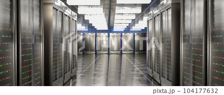 Server room. Server data center. Backup, mining, hosting, mainframe, farm and computer rack with storage information. 3d rendering Server room. Server data center. Backup, mining, hosting, mainframe, farm and computer rack with storage information. 3d rendering 104177632