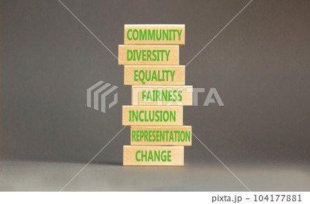 Diversity inclusion symbol. Concept words Community Diversity Equality Fairness Inclusion Representation Change on wooden block. Beautiful grey background. Diversity equality inclusion concept. Diversity inclusion symbol. Concept words Community Diversity Equality Fairness Inclusion Representation Change on wooden block. Beautiful grey background. Diversity equality inclusion concept. 104177881