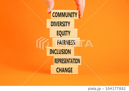 Diversity inclusion symbol. Concept words Community Diversity Equity Fairness Inclusion Representation Change on wooden block. Beautiful orange background. Diversity equity inclusion concept. Diversity inclusion symbol. Concept words Community Diversity Equity Fairness Inclusion Representation Change on wooden block. Beautiful orange background. Diversity equity inclusion concept. 104177882