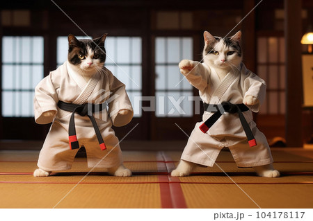 Two cats wearing kimono for martial arts at training. Generative AI 104178117