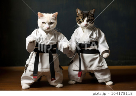 Two cats wearing kimono for martial arts at training. Generative AI 104178118