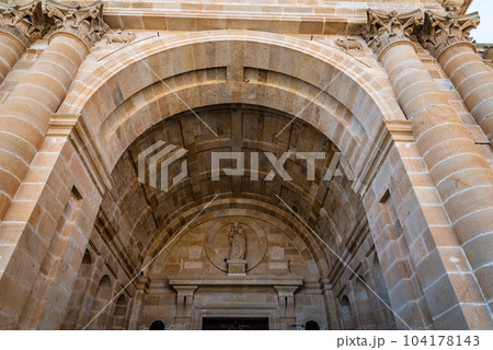 Low angle view of entrance portico to the Zamora Cathedral Low angle view of entrance portico to the Zamora Cathedral 104178143