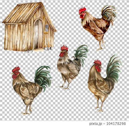 Watercolor wooden farmhouse and cock. Hand drawn illustration of a farm. Perfect for wedding invitation, greetings card, posters. 104178298