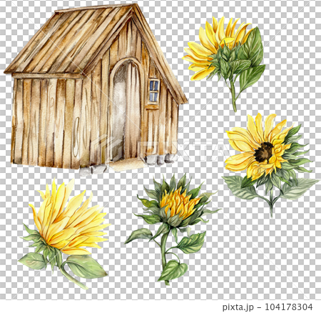 Watercolor wooden farmhouse and sunflowers. Hand drawn illustration of a farm. Perfect for wedding invitation, greetings card, posters. Watercolor wooden farmhouse and sunflowers. Hand drawn illustration of a farm. Perfect for wedding invitation, greetings card, posters. 104178304