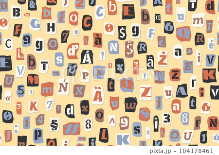 Seamless ransom pattern Collage style letters, numbers cut from newspapers and magazines. Vintage ABC collection. Blue white, black punk typeface Extended Latin alphabet Typography vector illustration 104178461