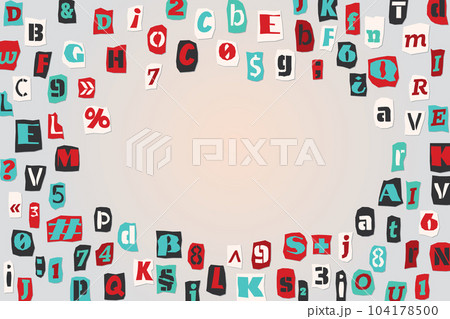 Color ransom collage style letters numbers and punctuation marks cut from newspapers and magazines background. Vintage ABC collection. Red, white, black and azure punk alphabet Vector illustration 104178500
