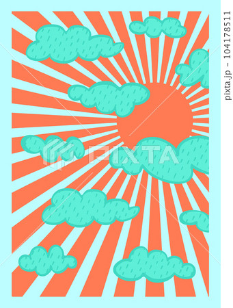 Groovy sun cloudy vertical poster Abstract retro line art aesthetic 70s style. Trendy 1960s color sunrise groove background. Psychedelic vintage design. Wallpaper hippy banner . Vector illustration. 104178511