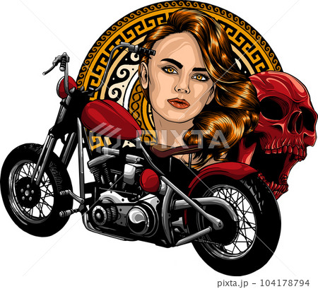 vector illustation of chopper motorcycle with skull and woman head 104178794