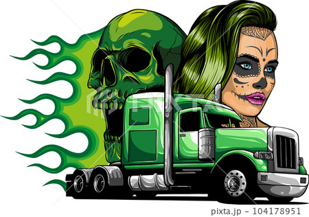 vector illustration of American Truck with woman and skulls vector illustration of American Truck with woman and skulls 104178951