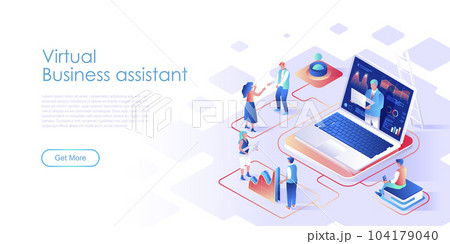 Virtual business assistant isometric landing page vector template. Professional consulting website homepage UI illustration layout. Digital assistance, AI technology web banner concept 104179040