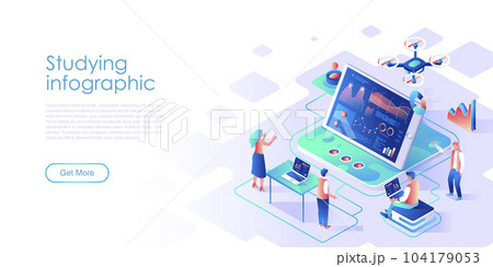 Studying infographic isometric landing page vector template. Business data analytics website homepage UI illustration layout. Market development dynamics research web banner isometry concept 104179053