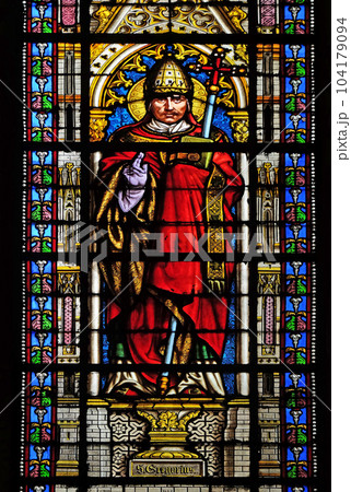 Saint Pope Gregory I, stained glass window in the Basilica of Saint Clotilde in Paris, France Saint Pope Gregory I, stained glass window in the Basilica of Saint Clotilde in Paris, France 104179094