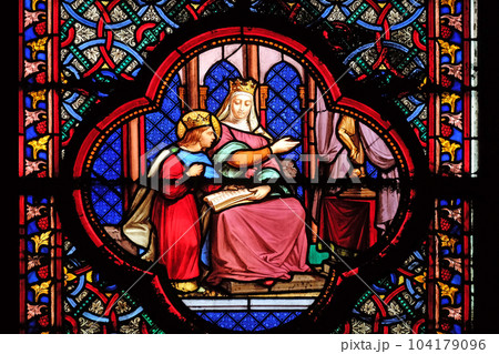 Education of Saint Louis by Blanche de Castille, stained glass window in the Basilica of Saint Clotilde in Paris, France Education of Saint Louis by Blanche de Castille, stained glass window in the Basilica of Saint Clotilde in Paris, France 104179096