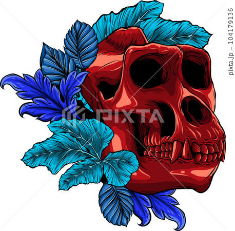 vector illustration of Gorilla monkey skull with leaves vector illustration of Gorilla monkey skull with leaves 104179136