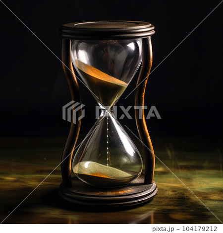 Large vintage hourglass close-up on a black background, the concept of the passage of time 104179212