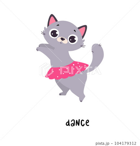 Funny Grey Cat Dancing as English Verb for Educational Activity Vector Illustration 104179312