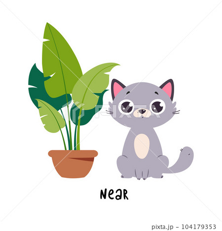 Little Grey Cat Sitting Near Houseplant as English Language Preposition for Educational Activity Vector Illustration 104179353