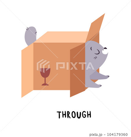 Little Grey Cat Crawling Through Cardboard Box as English Language Preposition for Educational Activity Vector Illustration 104179360