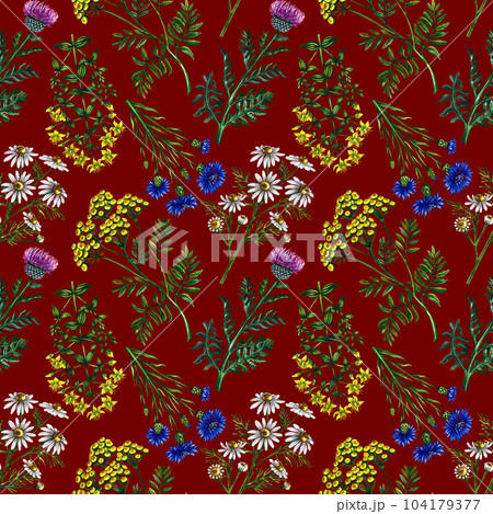 Seamless pattern with wild flowers. Watercolor hand drawn illustration. On a red background. For design solutions for backgrounds, packaging, labels and textiles. For banners, flyers and postcards. 104179377
