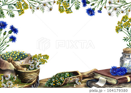 Medicinal herbs cornflower, chamomile and tansy. Frame, banner. Dried, crushed in a linen bag, in glass bottles and a wooden pot. Mortar and pestle crusher. Watercolor hand drawn illustration. Medicinal herbs cornflower, chamomile and tansy. Frame, banner. Dried, crushed in a linen bag, in glass bottles and a wooden pot. Mortar and pestle crusher. Watercolor hand drawn illustration. 104179380