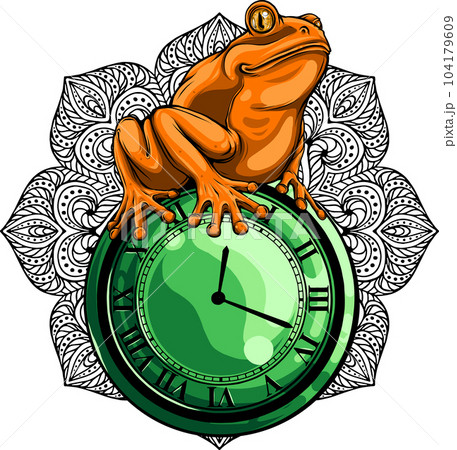 vector illustration of frog sitting on clock 104179609