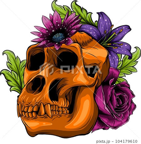 vector illustration of monkey skull with flower 104179610