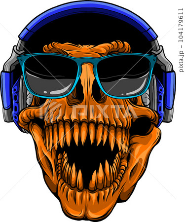 vector illustration of Dinosaur T-rex skull in headphones and sunglasses 104179611