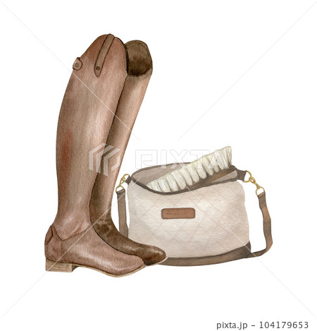 Watercolor illustration of equestrian equipment, ammunition and accessories for horse riding. Cleaning brush, bag, brown leather boots. Isolated. Watercolor illustration of equestrian equipment, ammunition and accessories for horse riding. Cleaning brush, bag, brown leather boots. Isolated. 104179653
