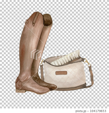 Watercolor illustration of equestrian equipment, ammunition and accessories for horse riding. Cleaning brush, bag, brown leather boots. Isolated. Watercolor illustration of equestrian equipment, ammunition and accessories for horse riding. Cleaning brush, bag, brown leather boots. Isolated. 104179653