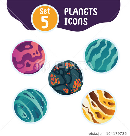 Set of different colored sci fi planet icons Vector 104179726