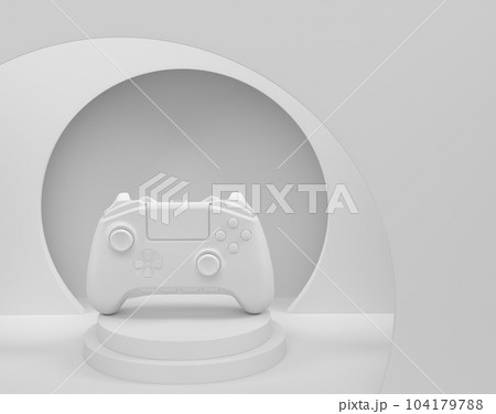 Video game joystick on cylinder podium with step on monochrome 104179788