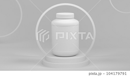 Plastic jar for sport nutrition on cylinder podium with step on monochrome Plastic jar for sport nutrition on cylinder podium with step on monochrome 104179791