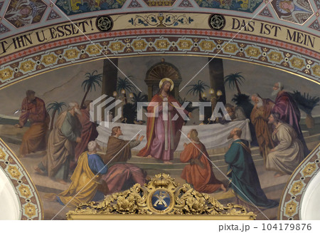 Last supper, fresco painting in parish church of St. Nicholas in Bad Ischl, Austria 104179876