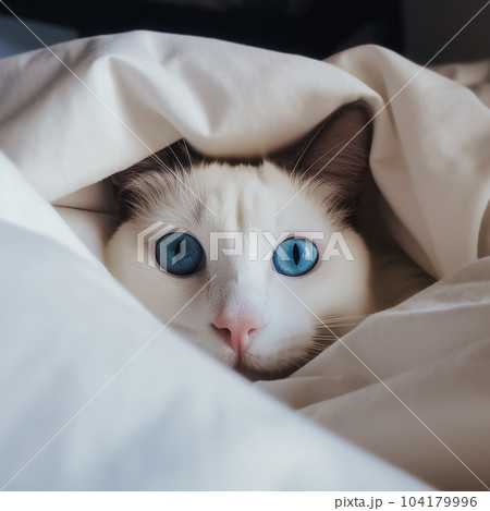 White cat with blue eyes peeks out from under blanket on bed, cat hid, cute photo, White cat with blue eyes peeks out from under blanket on bed, cat hid, cute photo, 104179996