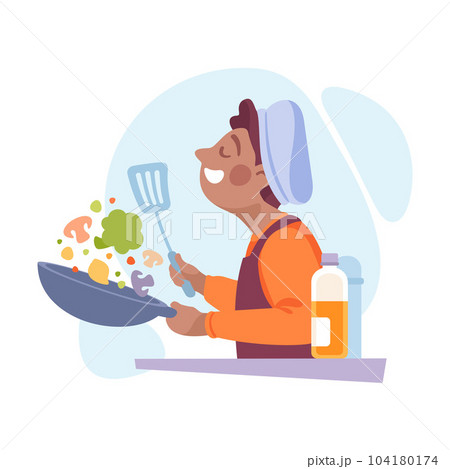 Man Character Doing Housework Cooking with Frying Pan Vector Illustration Man Character Doing Housework Cooking with Frying Pan Vector Illustration 104180174