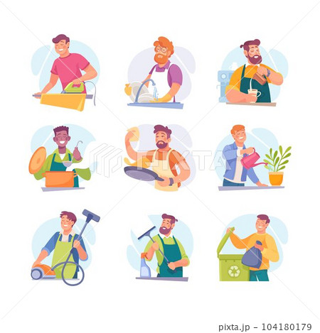 Man Characters Doing Housework and Household Activity Vector Set Man Characters Doing Housework and Household Activity Vector Set 104180179