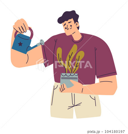 Happy Man Character Watering Houseplant in Pot Enjoying His Hobby Vector Illustration 104180197