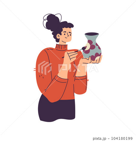 Happy Woman Character Painting Clay Vase with Brush Enjoying Her Hobby Vector Illustration 104180199