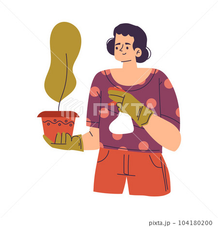 Happy Woman Character Spraying Houseplant in Pot Enjoying Her Hobby Vector Illustration 104180200